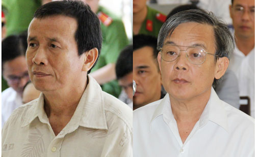 Nguyên Phó Giám đốc NH Phát triển Việt Nam Chi nhánh Sóc Trăng Nguyễn Văn Xem và nguyên giám đốc Nguyễn Thế Thắng tại tòa (từ trái sang)