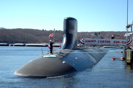 The USS Jimmy Carter, the third Seawolf-class attack submarine, is commissioned on Feb. 19, 2005. (Photo courtesy of the US Navy)