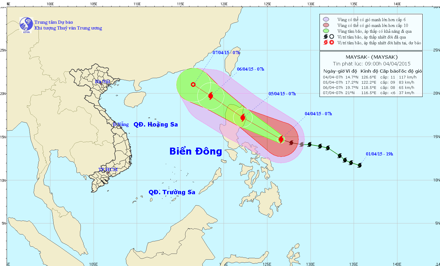 Vị trí và dự báo đường đi của bão Maysak. Nguồn: Trung tâm dự báo KTTVTW.