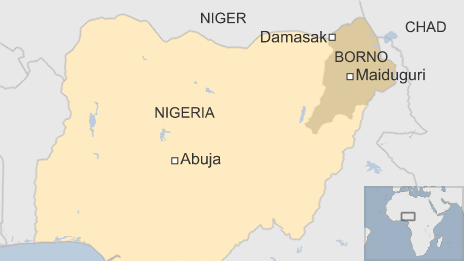 Thị trấn Damasak trên bản đồ nằm trên biên giới Nigeria và Niger, nơi phát hiện hơn 70 thi thể bị Boko Haram cắt cổ. Ảnh: BBC