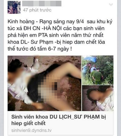 Thông tin và hình ảnh thất thiệt tung lên trang mạng facebook về nữ sinh viên bị hiếp, chết lõa thể