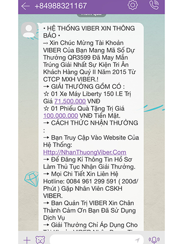 Một tin nhắn trúng giải thưởng “khủng” từ ban quản trị Viber