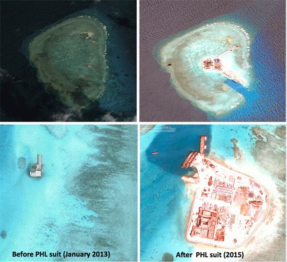 Hình ảnh chụp Đá Tư Nghĩa (trên), Đá Châu Viên (dưới) trước khi Philippines nộp đơn kiện Trung Quốc hồi tháng 1-2013 và trong năm 2015 Ảnh: GOOGLE EARTH