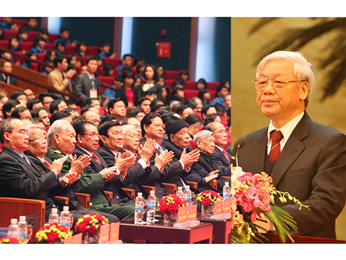 Tổng Bí thư Nguyễn Phú Trọng đọc diễn văn tại lễ kỷ niệm 85 năm ngày thành lập Đảng Cộng sản Việt Nam, tổ chức ngày 2-2 ở Hà Nội Ảnh: TTXVN