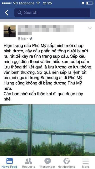 Trên trang Facebook cá nhân của một người dân chia sẻ hình ảnh cầu Phú Mỹ xuất hiện vết hở nghiêm trọng