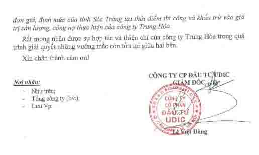 Trước đó, ông Dũng từng gửi công văn cho Công ty Trung Hòa để xin chia sẻ với khó khăn mà UDIC Invest đang gặp phải nên chưa thanh toán nợ