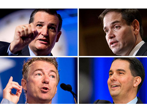 Từ trái qua, theo chiều kim đồng hồ: Các ứng cử viên của Đảng Cộng hòa Ted Cruz, Marco Rubio, Scott Walker và Rand Paul Ảnh: AP