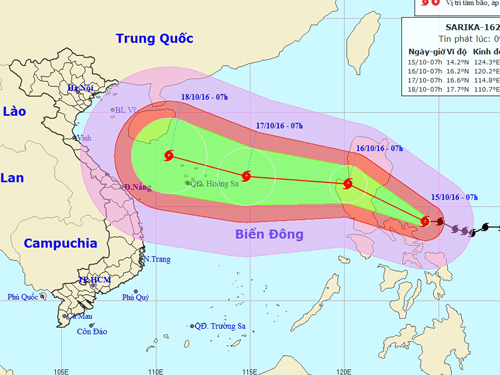 Vị trí và dự báo đường đi của bão Sarika - Nguồn: Trung tâm Dự báo khí tượng Thủy văn trung ương