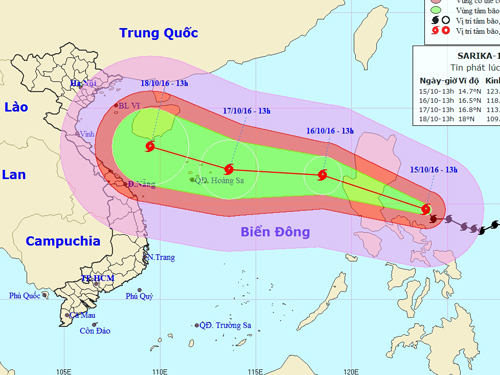 
Vị trí và dự báo hướng di chuyển của bão Sarika-Nguồn: Trung tâm Dự báo khí tượng Thủy văn trung ương
