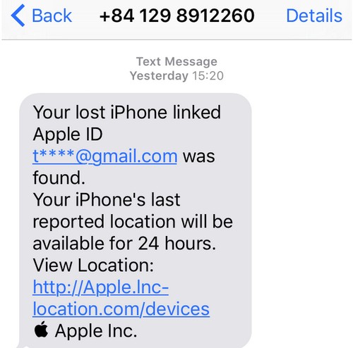 
Tin nhắn giả mạo được gửi về bởi một số điện thoại rác, thay vì từ Apple.
