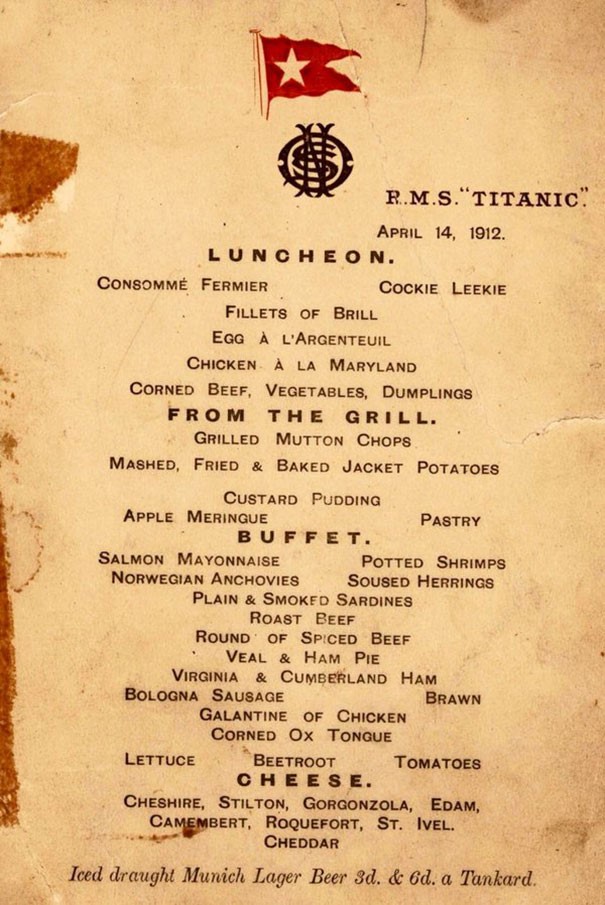 
Menu thức ăn dành cho hành khách hạng nhất trên Titanic. Ảnh: Herny Aldridge & Son.
