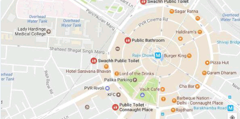 
Nhà vệ sinh công cộng sẽ hiện thị trên bản đồ dưới cụm từ Swachh Public Toilet. Ảnh: Global Voices
