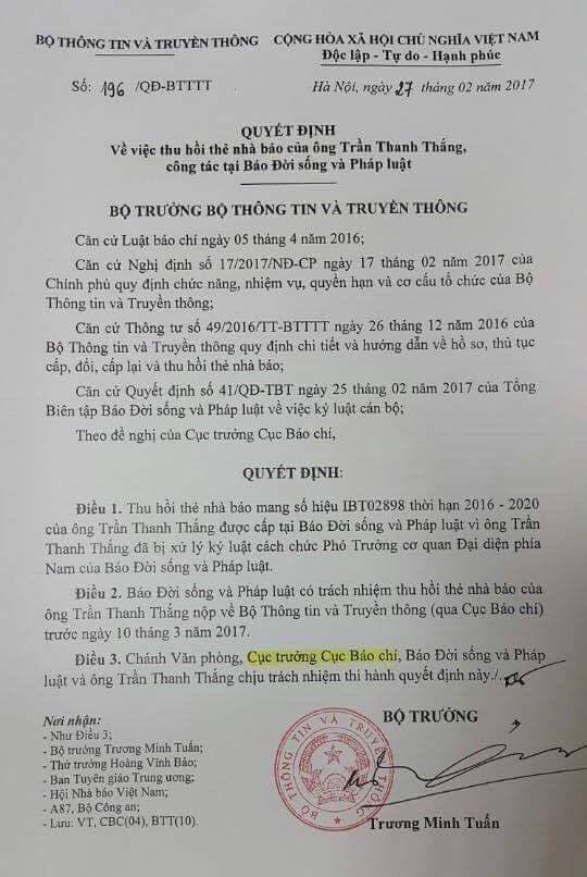 Thẻ nhà báo của ông Trần Thanh Thắng bị thu hồi, gửi về Bộ TT-TT trước ngày 10-3.