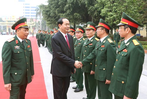 Chủ tịch nước Trần Đại Quang dự lễ kỷ niệm 40 năm ngày truyền thống Học viện Quốc phòng vào sáng 3-1 Ảnh: TTXVN