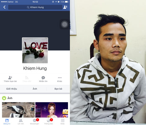 Trang Facebook có tên Khiem Hung được Trần Văn Sinh sử dụng để bẫy tình trên mạng (ảnh trái). Trần Văn Sinh tại cơ quan Công an.