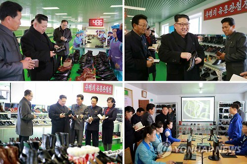 
Nhà lãnh đạo Kim Jong-un đến thăm nhà máy đóng giày. Ảnh: YONHAP
