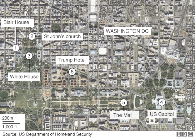Từ Blair House (1), ông Trump đến nhà thờ St John (2) dự lễ. Tiếp đó ông đến Nhà Trắng (3) dùng trà với vợ chồng ông Obama. Giữa trưa, ông tuyên thệ nhậm chức ở quốc hội Mỹ (4). Ông sẽ đi qua khách sạn của mình (6) khi dẫn đầu lễ diễu hành từ quốc hội về Nhà Trắng. Đồ họa: BBC