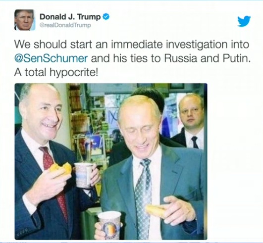 
Tấm ảnh và dòng trạng thái tố cáo Thượng nghị sĩ Charles Schumer trên Twitter của ông Trump. Ảnh: Twitter
