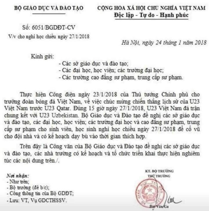 Bộ GD-ĐT bác bỏ văn bản cho học trò nghỉ học khuyến khích U23 đất nước việt nam - Ảnh 1. Bộ GD-ĐT gạt bỏ văn bản cho học sinh nghỉ học động viên U23 việt nam - Ảnh 1.
