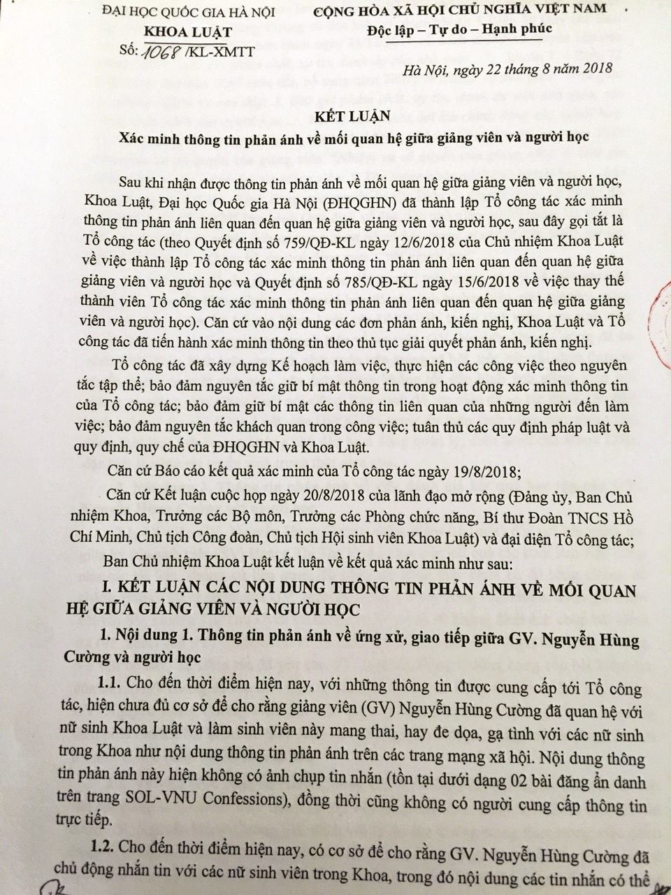 Kết luận vụ giảng viên luật bị tố phá quấy nữ sinh - Ảnh 2. Kết luận vụ giảng sư luật bị tố quấy nhiễu nữ sinh - Ảnh 2.