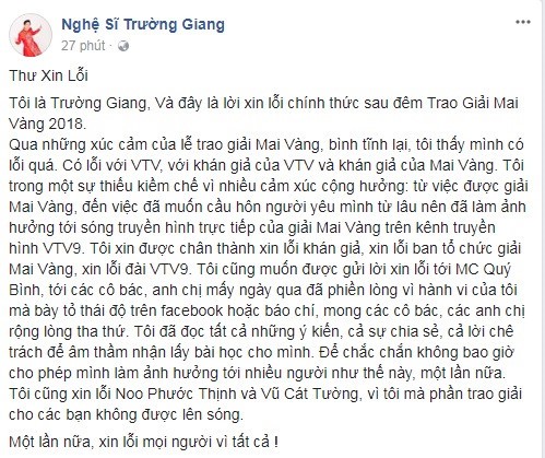 Trường Giang lên Facebook xin lỗi vụ cầu hôn tại Lễ trao Giải Mai Vàng - Ảnh 2.