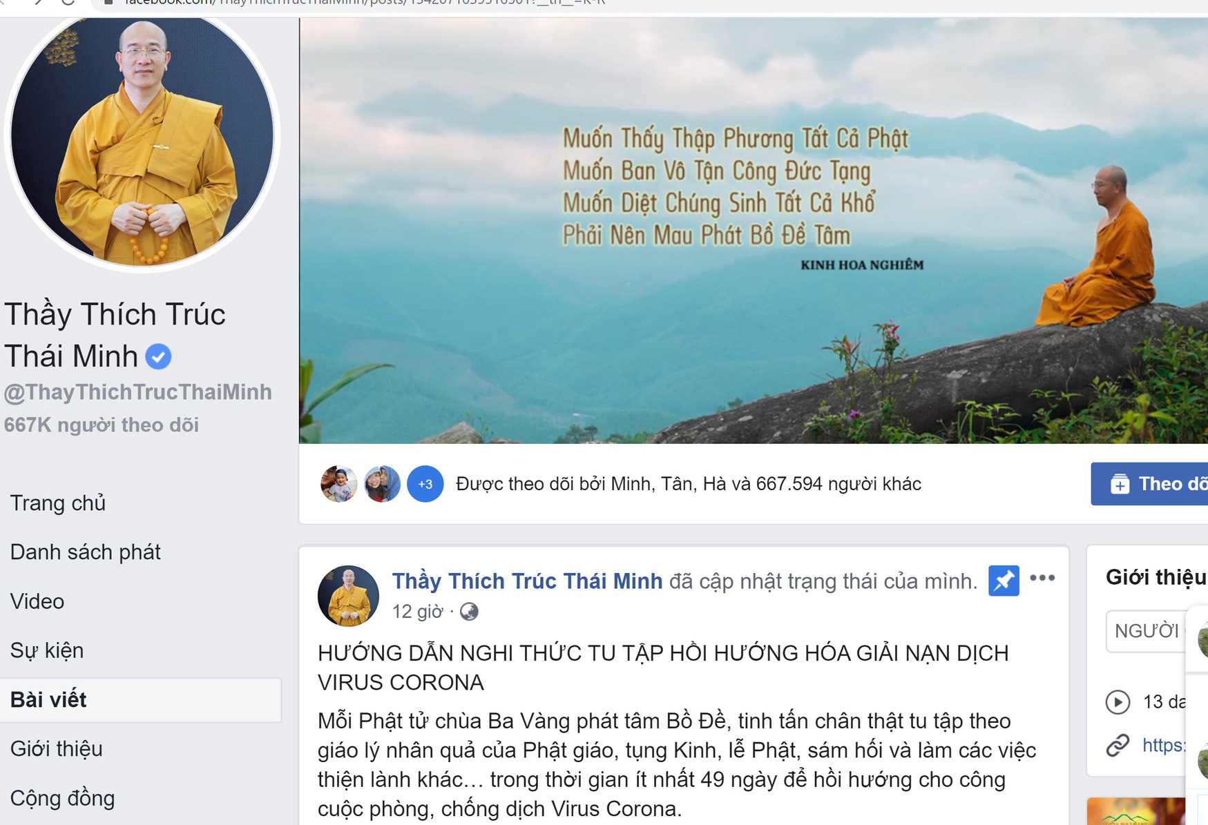 Facebook Thích Trúc Thái Minh tiếp tục rao giảng nghi thức tu tập hồi hướng hóa giải nạn dịch virus Corona - Ảnh 1.