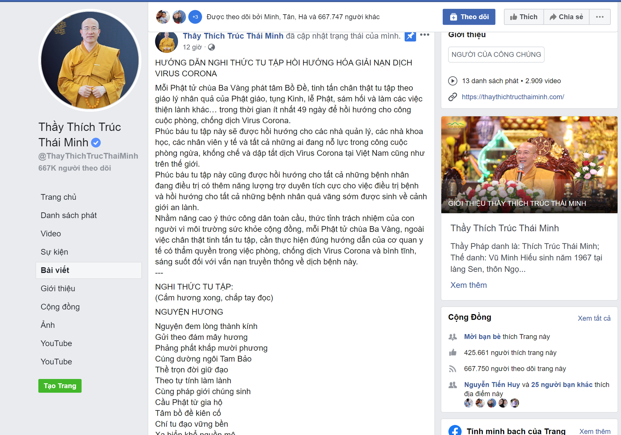 Facebook Thích Trúc Thái Minh tiếp tục rao giảng nghi thức tu tập hồi hướng hóa giải nạn dịch virus Corona - Ảnh 2.