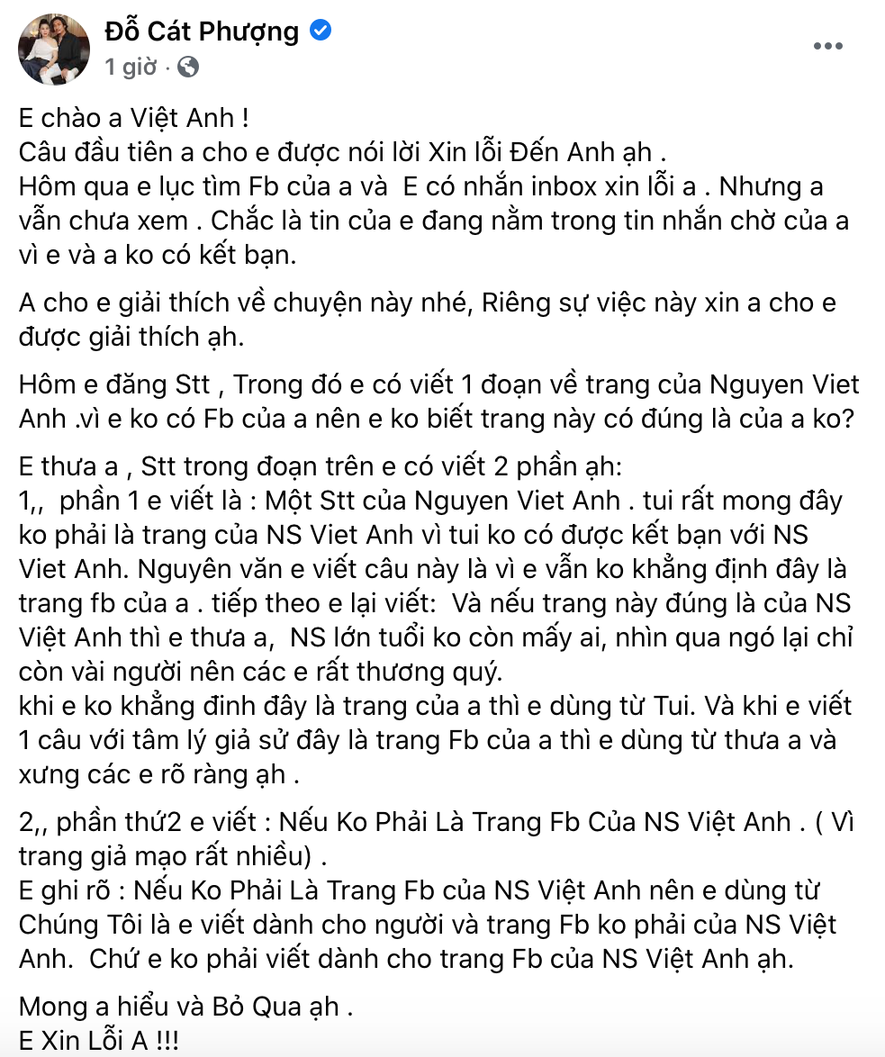 Nghệ sĩ Cát Phượng viết tâm thư xin lỗi NSND Việt Anh - Báo Người ...