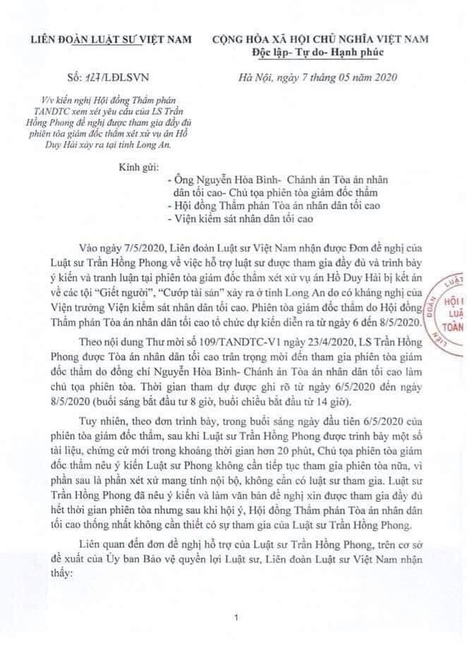 Vụ Hồ Duy Hải: TAND Tối cao chấp nhận kiến nghị của Liên đoàn Luật sư Việt Nam - Ảnh 2. Vụ Hồ Duy Hải: TAND Tối cao chấp nhận kiến nghị của Liên đoàn Luật sư Việt Nam - Ảnh 2.