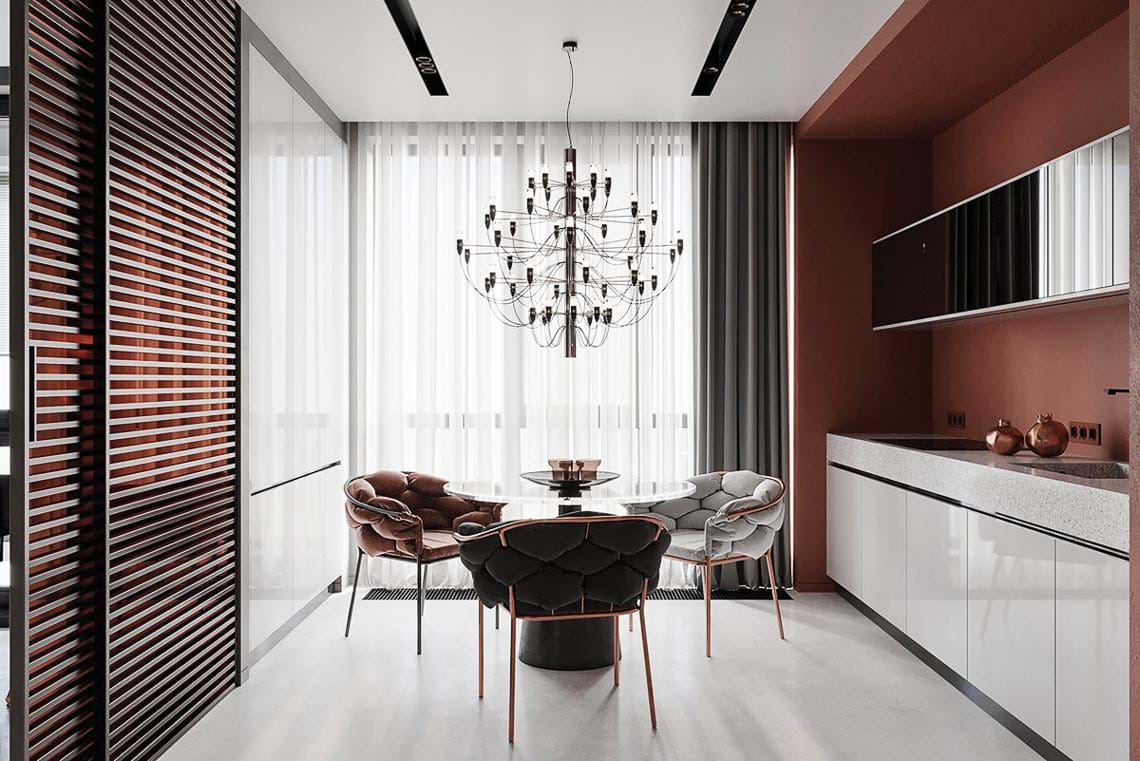 Thiết kế nội thất hiện đại với tông màu đỏ và xám theo phong cách Nhật Bản