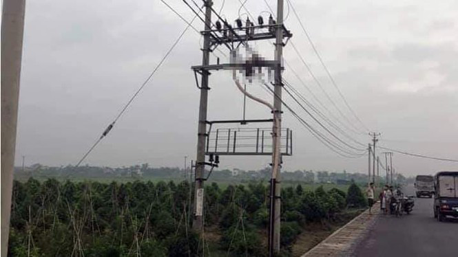 The first man, wearing a helmet, is exposed to the body on a high voltage pole - Photo 1.