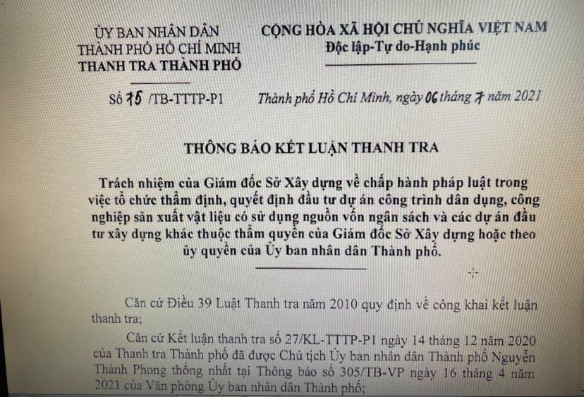 Kết luận thanh tra trách nhiệm Giám đốc Sở Xây dựng TP HCM giai đoạn 2018-2019 - Ảnh 1.