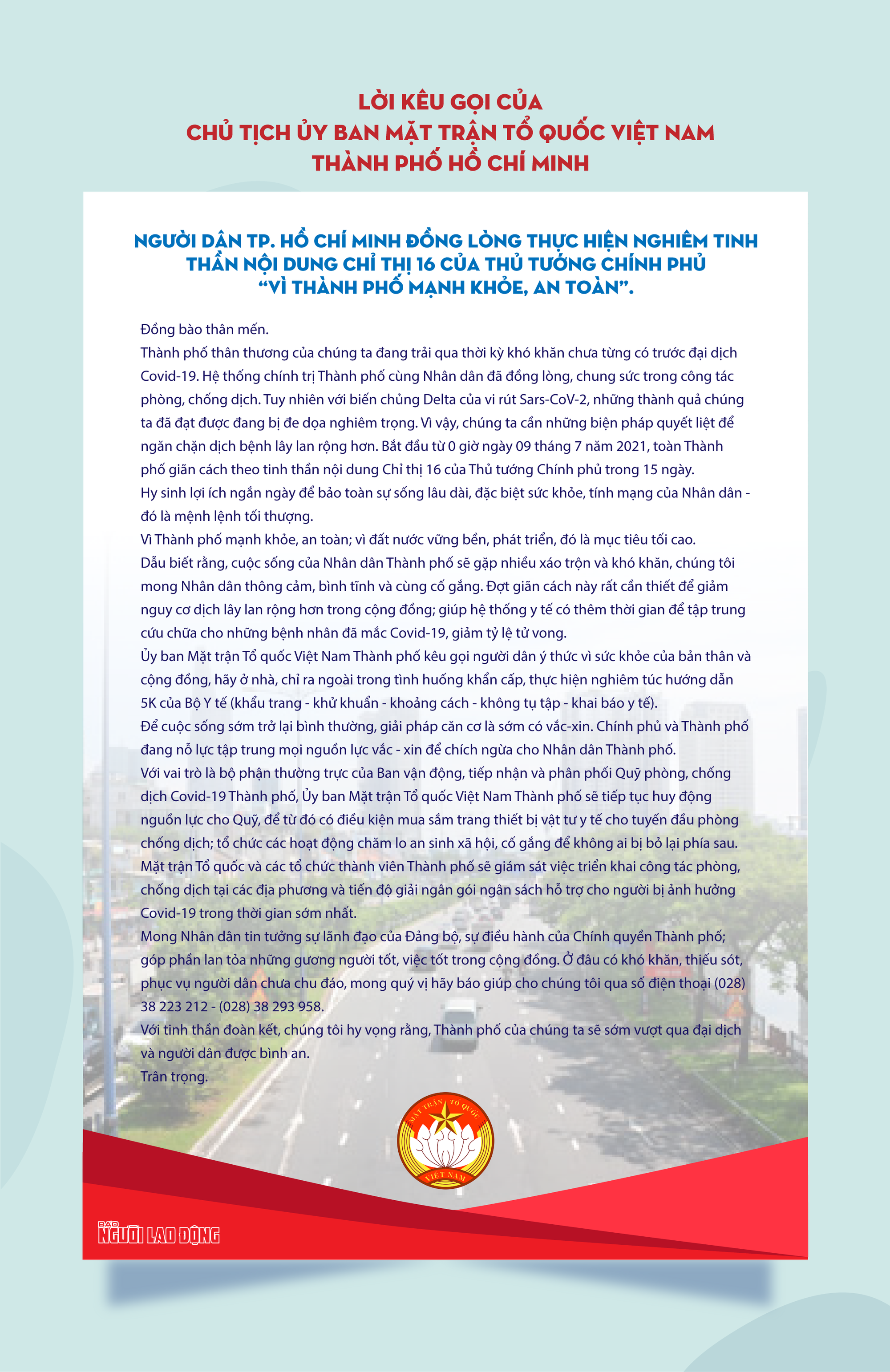 Chủ tịch Ủy ban MTTQ Việt Nam TP HCM kêu gọi người dân Vì thành phố mạnh khỏe, an toàn - Ảnh 1.