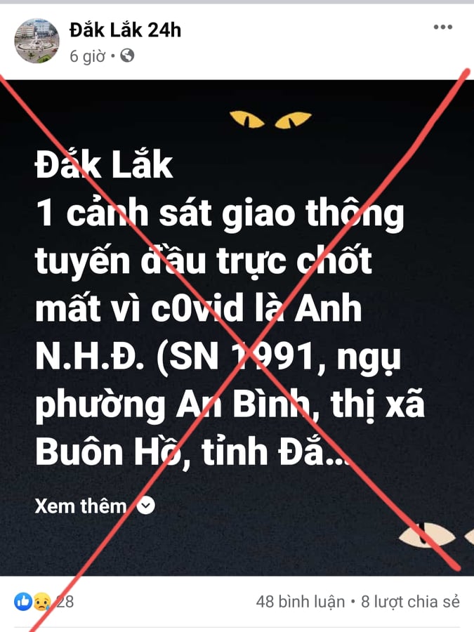 Truy tìm chá»§ tà i khoản Äắk Lắk 24h đăng thông tin thất thiệt 1 CSGT tá» vong vì Covid-19 - Ảnh 1. Truy tìm chá»§ tà i khoản Äắk Lắk 24h đăng thông tin thất thiệt 1 CSGT tá» vong vì Covid-19 - Ảnh 1.