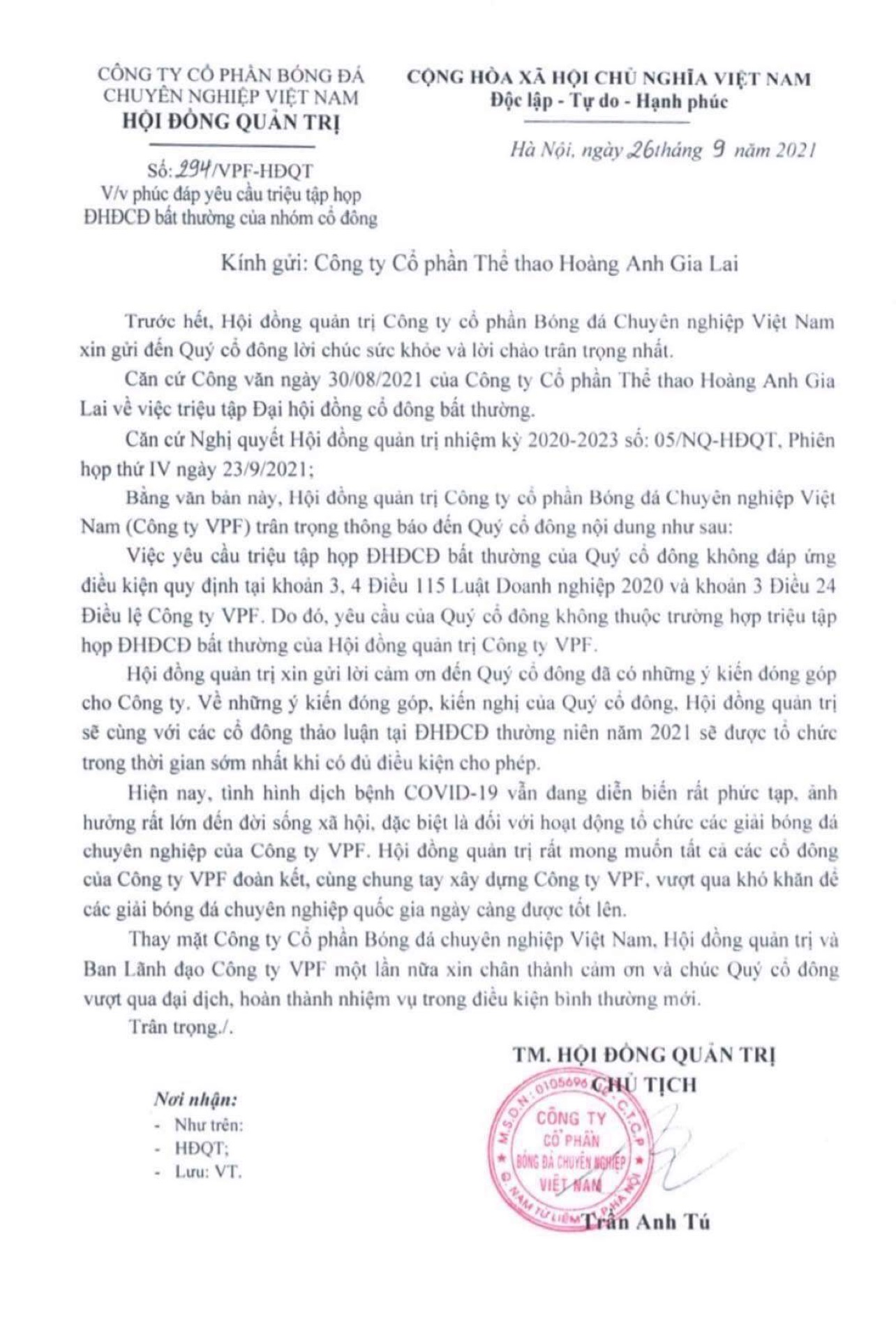 VPF từ chối yêu cầu Đại hội cổ đông bất thường, HAGL hay B.Bình Dương không hiểu luật? - Ảnh 1. VPF từ chối yêu cầu Đại hội cổ đông bất thường, HAGL hay B.Bình Dương không hiểu luật? - Ảnh 1.