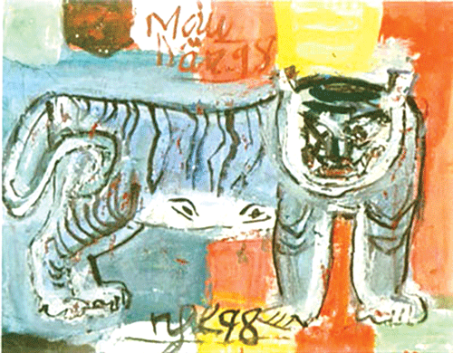 Không chỉ biết thổi hồn vào bức tranh mà họa sĩ còn vẽ ra một con hổ với nét bút tinh tế, đầy bắt mắt.
