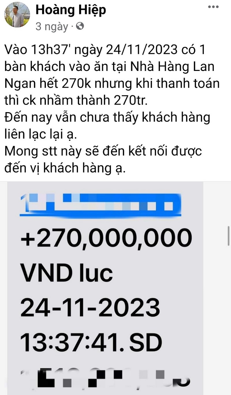 Tìm vị khách ăn cơm trưa hết 270 ngàn đồng chuyển khoản nhầm tới 270 triệu đồng - Ảnh 1.