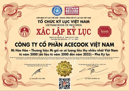 Chứng nhận của Tổ chức Kỷ lục Việt Nam cho mì Hảo Hảo vào tháng 11-2023