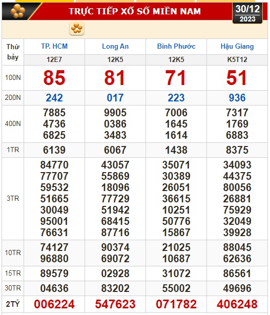 Kết quả xổ số hôm nay (30-12): TP HCM, Long An, Bình Phước, Hậu Giang, Đà Nẵng, Nam Định- Ảnh 1.