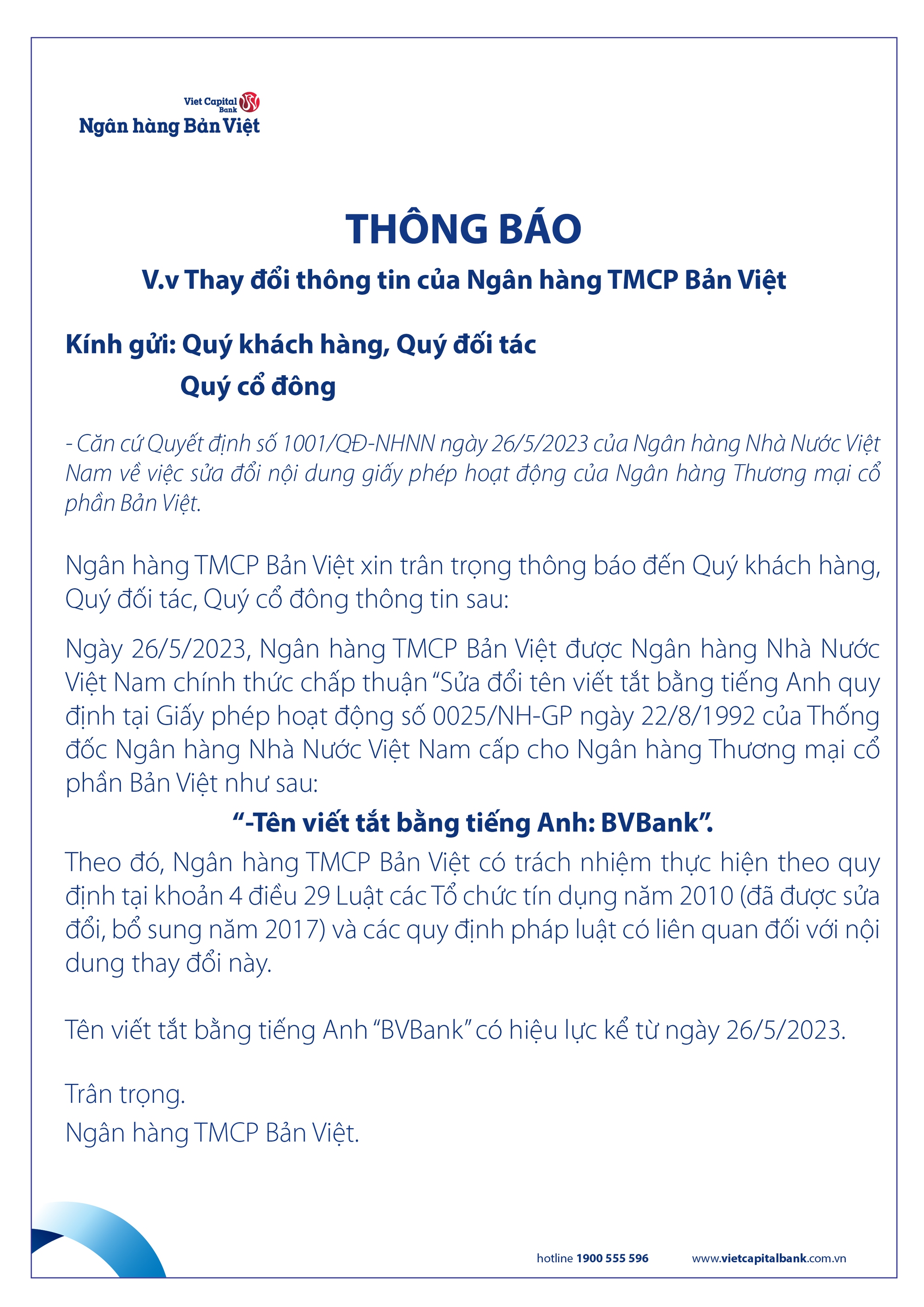 Ngân hàng TMCP Bản Việt thông báo thay đổi thông tin - Ảnh 1.