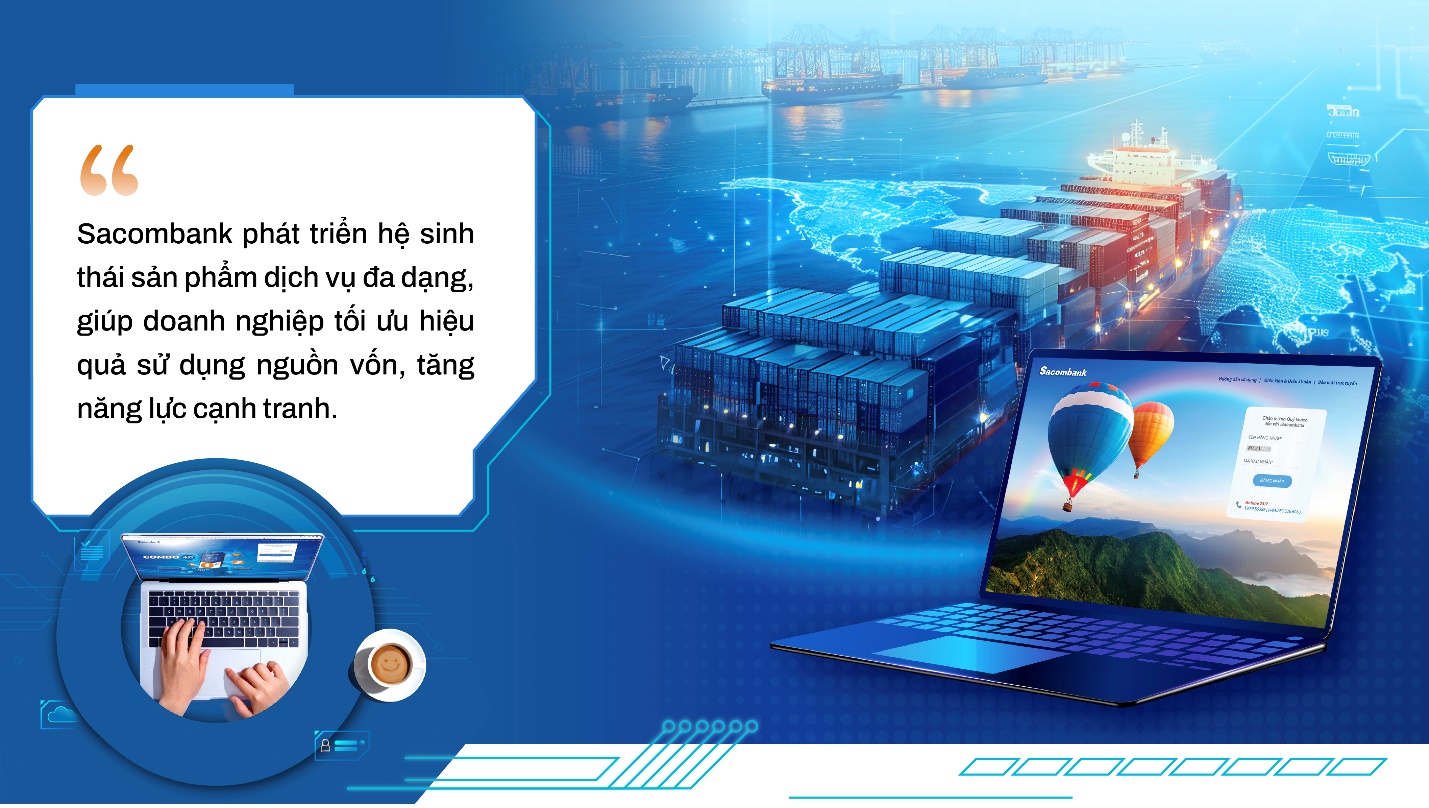 A blue and white advertisement with a computer and a container ship  Description automatically generated