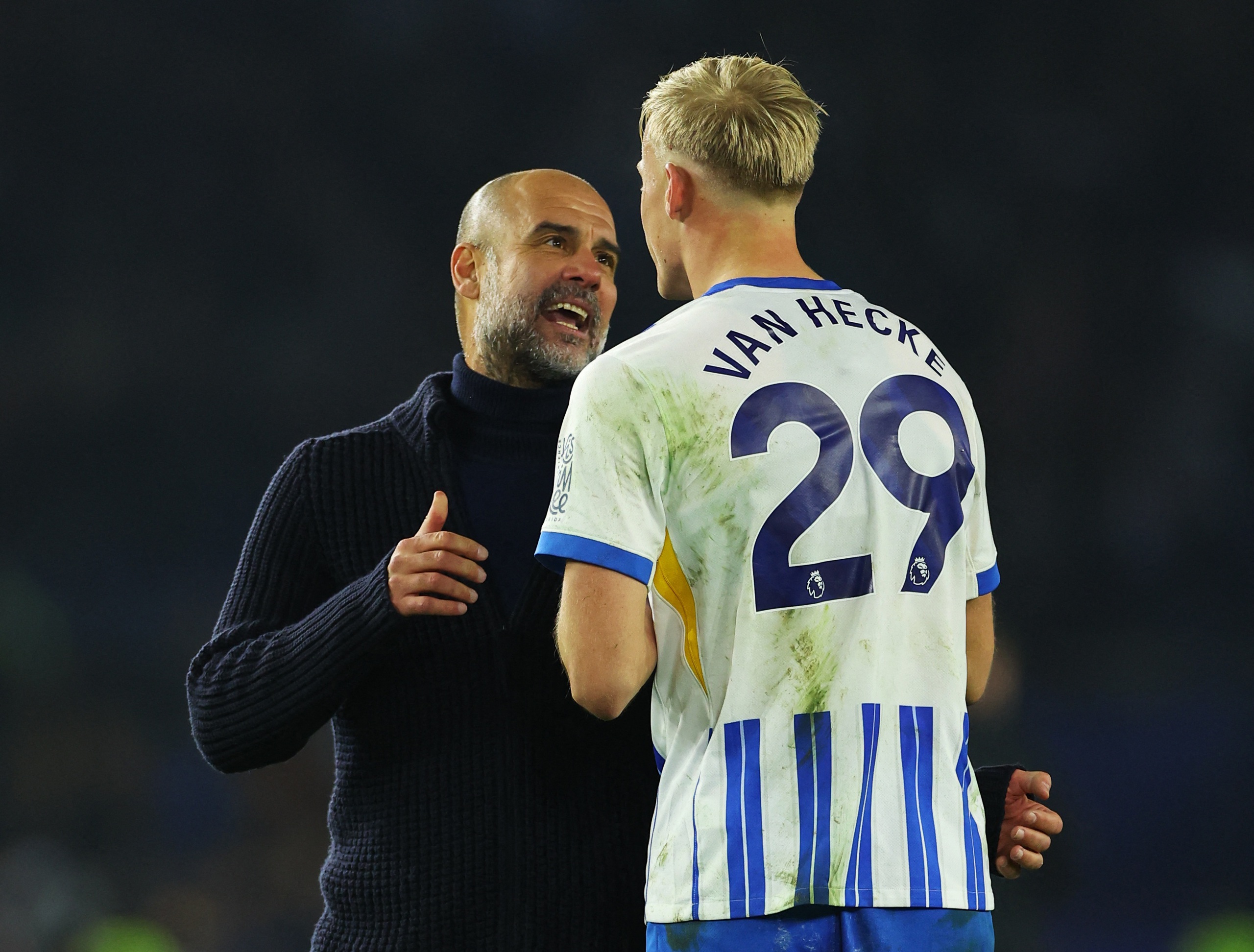 LOST CONTROL: Pep Guardiola "teaches" Van Hecke after Erling Haaland wrestles with Brighton players in Man City's loss