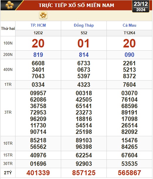 Kết quả xổ số hôm nay, 23-12: TP HCM, Đồng Tháp, Cà Mau, Phú Yên, Hà Nội...- Ảnh 1.