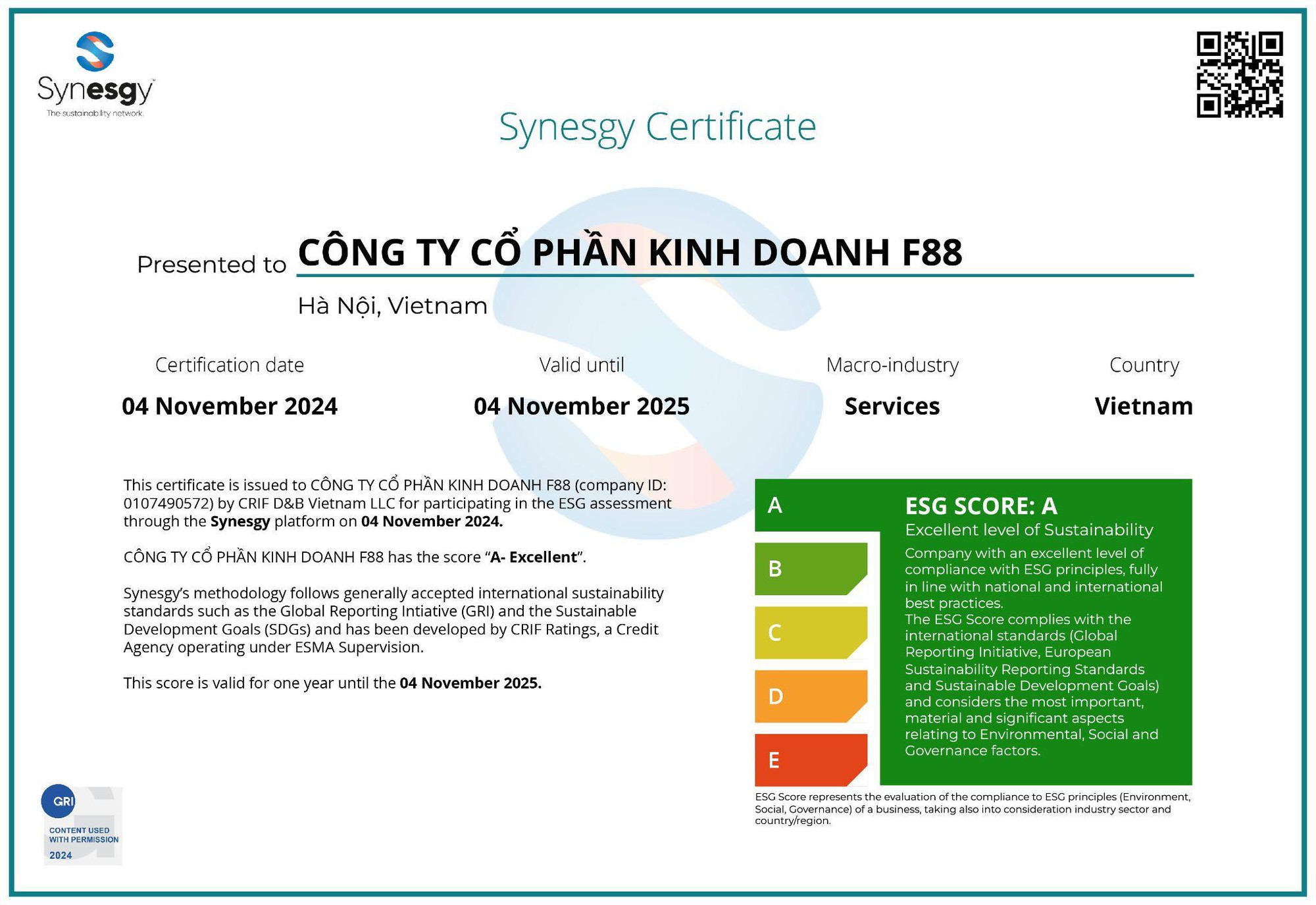 F88 được chứng nhận doanh nghiệp ESG bền vững- Ảnh 1. F88 được chứng nhận doanh nghiệp ESG bền vững- Ảnh 1.
