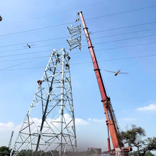 A group of people working on a power line  Description automatically generated