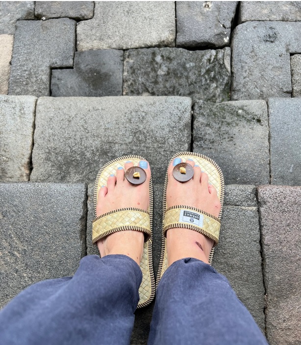 Bamboo slippers help protect the temple. Photo: Penny Watson