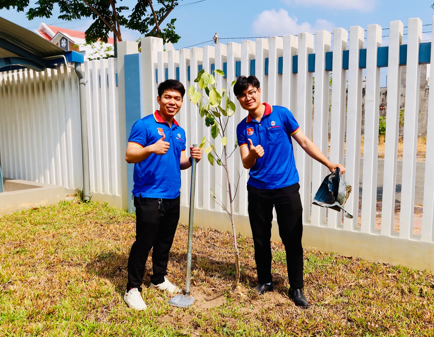 Two men in blue shirts holding a small tree  Description automatically generated