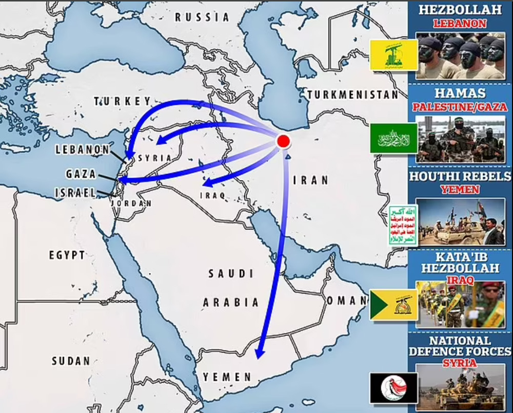 Bản đồ Iran và nơi các lực lượng ủy nhiệm đồn trú. Ảnh: Daily Mail