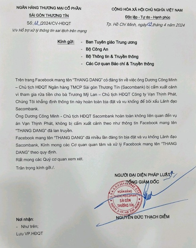Sacombank bác bỏ thông tin bịa đặt vu khống ông Dương Công Minh- Ảnh 1.