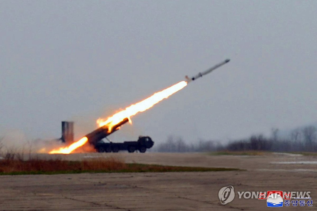 North Korea conducts a "super-large warhead" power test for a strategic cruise missile and a test-fire of a new anti-aircraft missile in the Yellow Sea on April 19, 2024, in this photo released by the Korean Central News Agency the following day. (For Use Only in the Republic of Korea. No Redistribution) (Yonhap)
